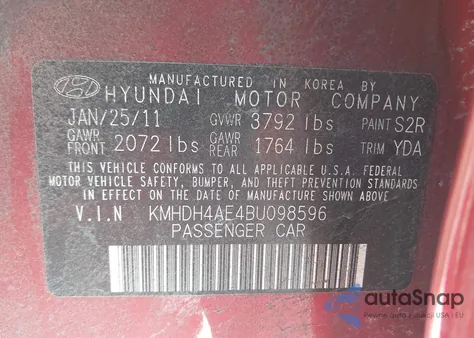 2011 Hyundai Elantra Gls (Ulsan Plant) from USA, damaged, VIN KMHDH4AE4BU098596